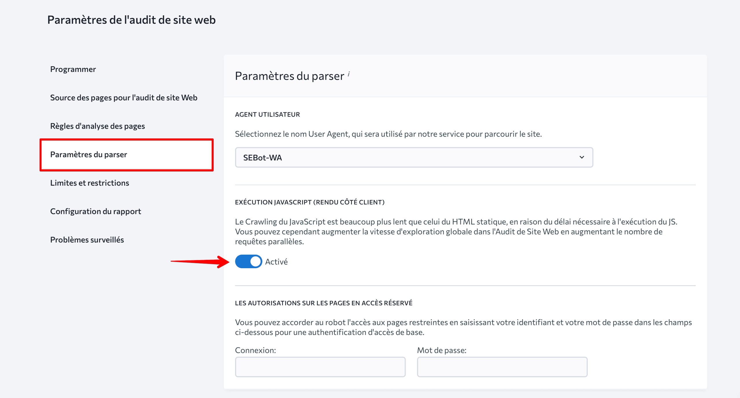 Paramètres du parseur