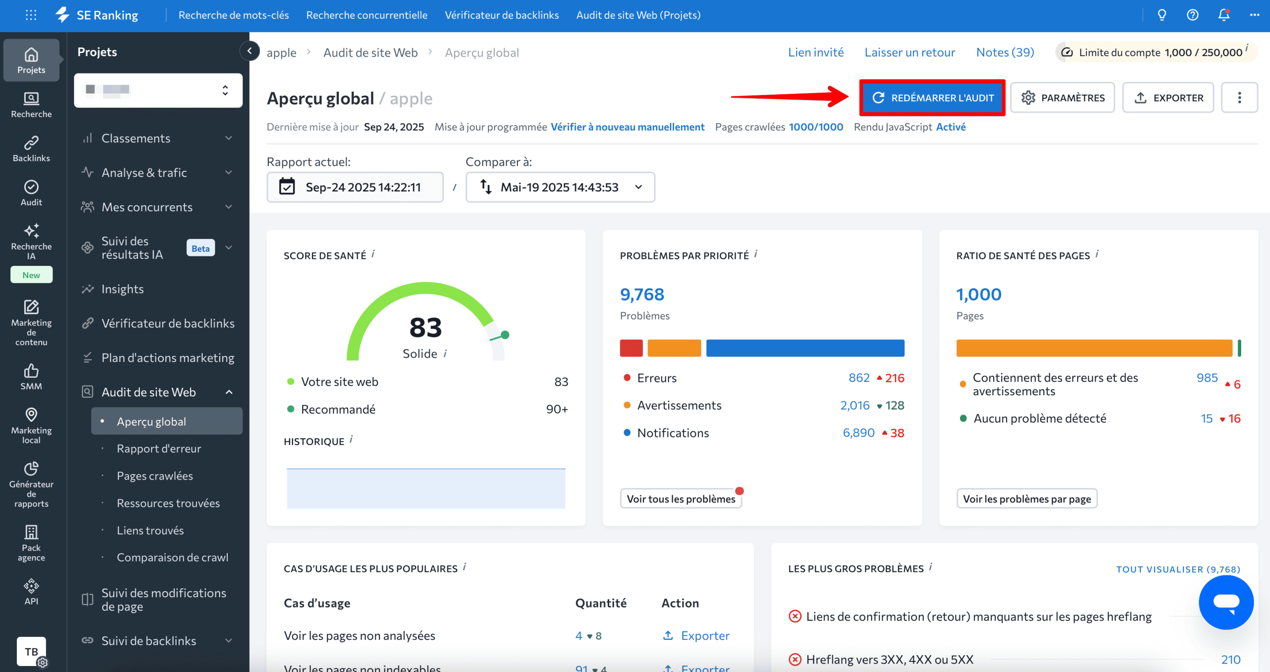 Relancer Audit de site Web