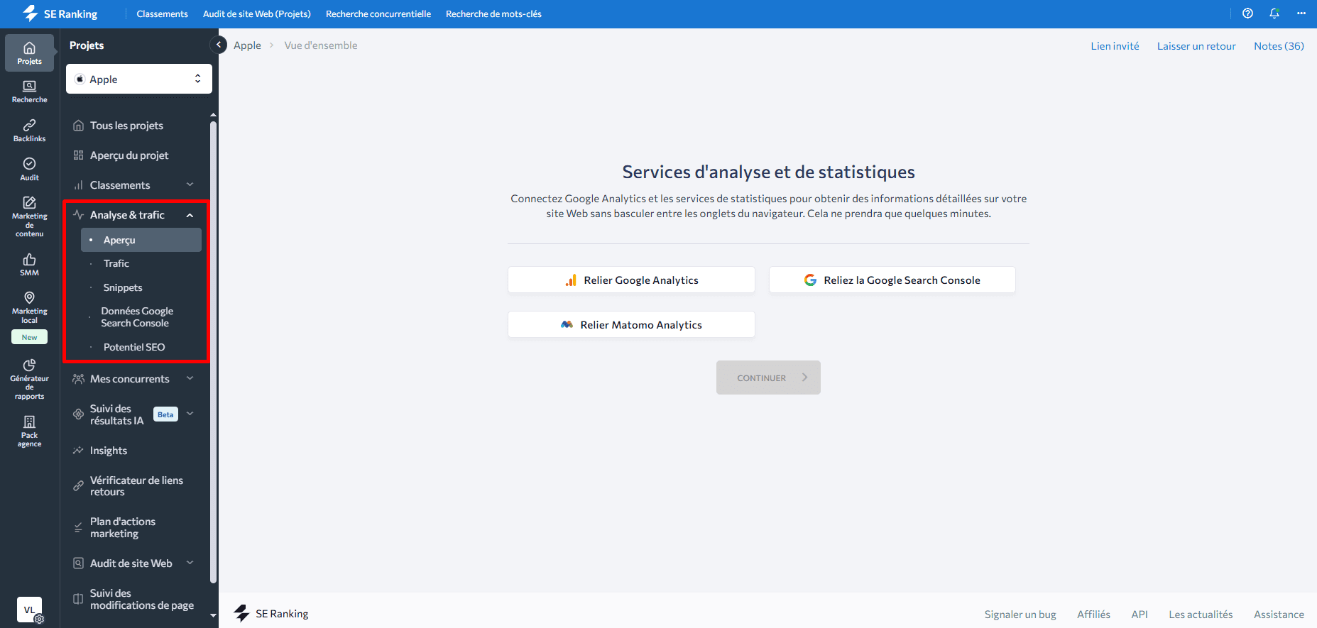 Connecter Google Search Console et Google Analytics à SE Ranking