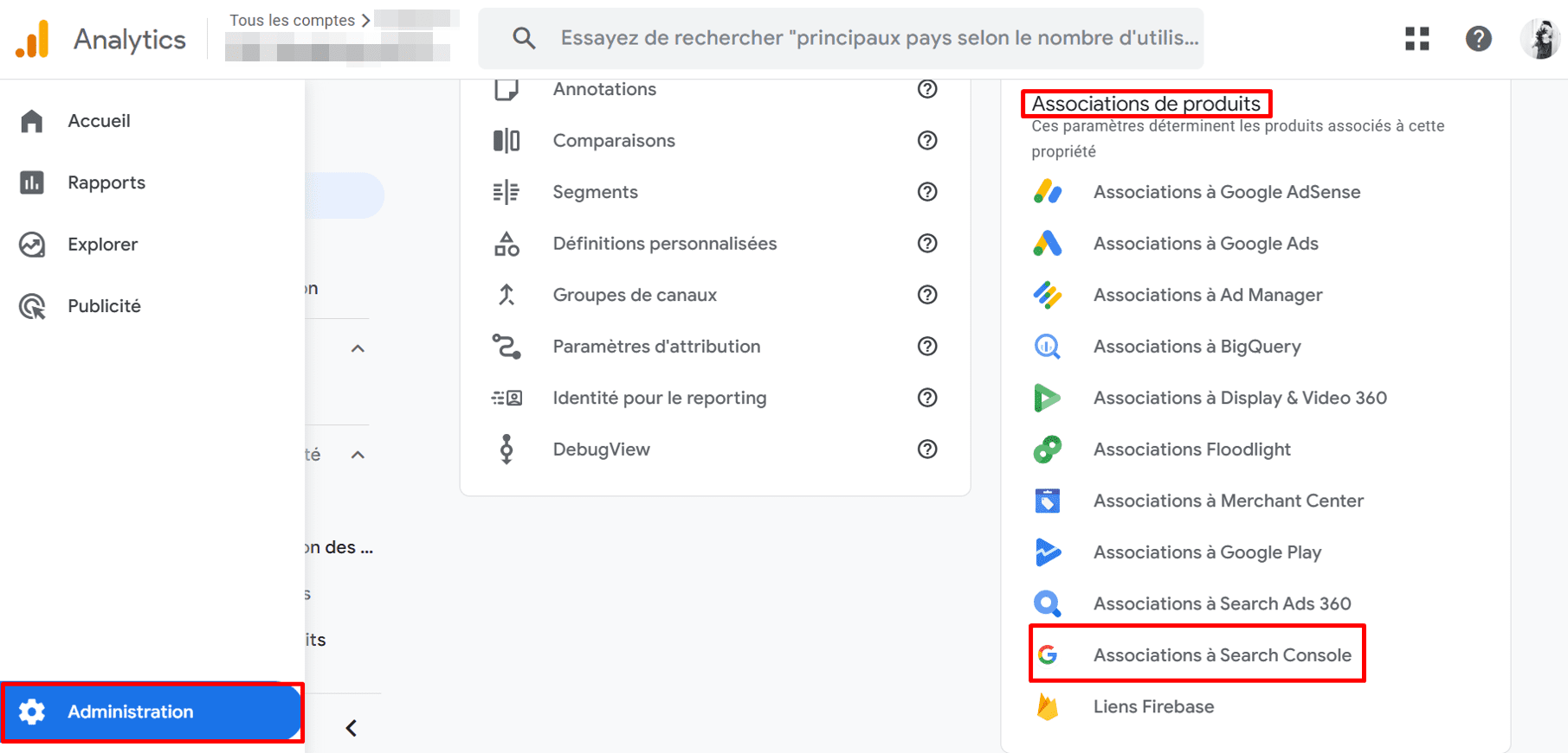 Liens vers la console de recherche GA4