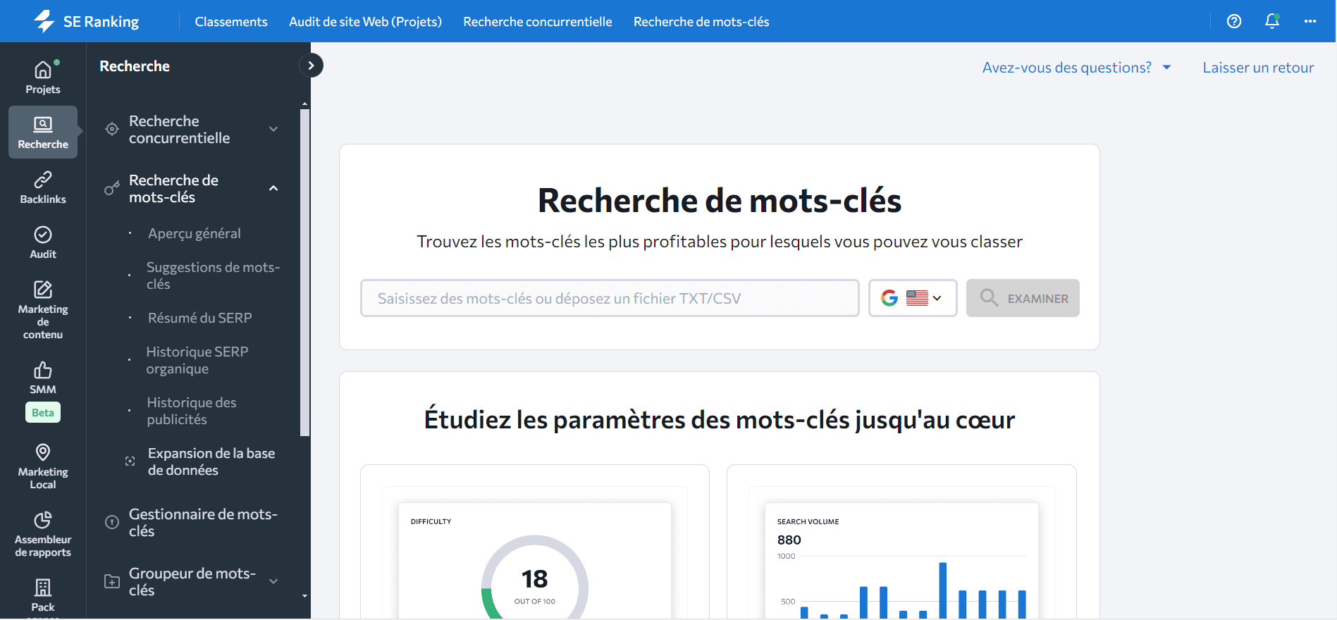 SE Ranking écran avec interface française