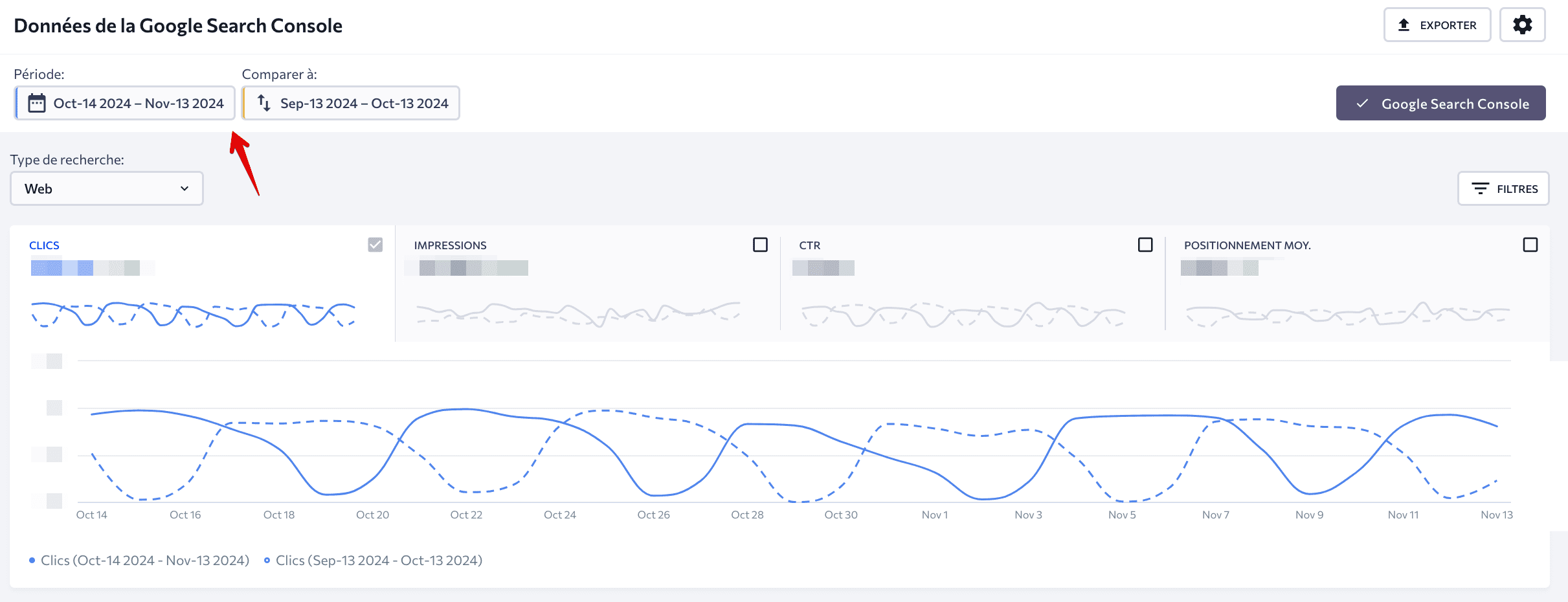 Données GSC dans le classement SE Ranking Choix de la plage de dates