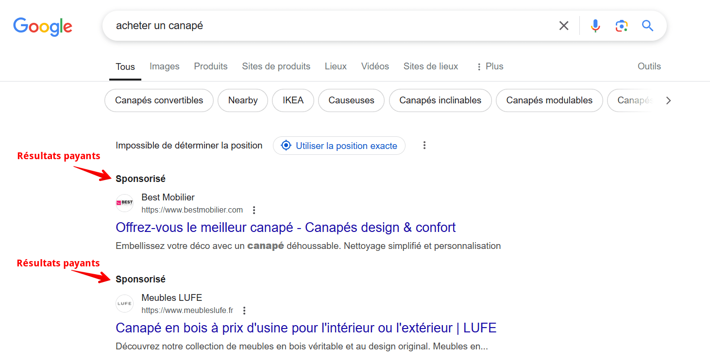 Un exemple de résultats rémunérés sur le SERP