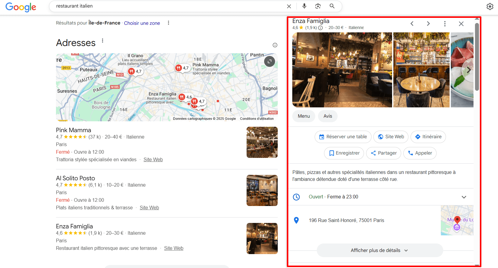 Un exemple de profil d’entreprise Google