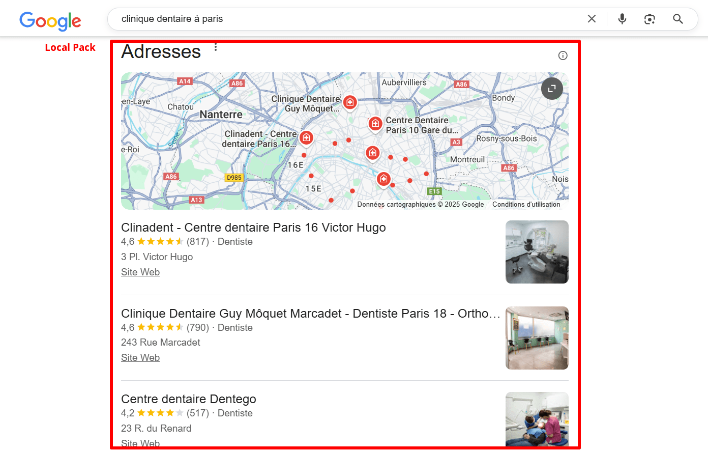 An example of a query ranking in the Google local pack Le Google local pack