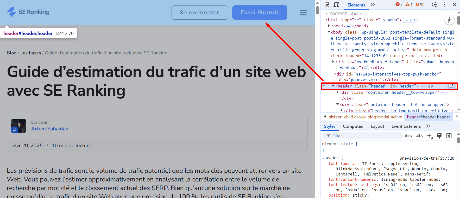 Élément d’en-tête sur la page