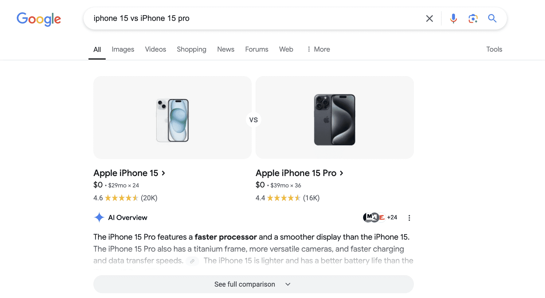 Comparaisons détaillées dans Google AI Overviews