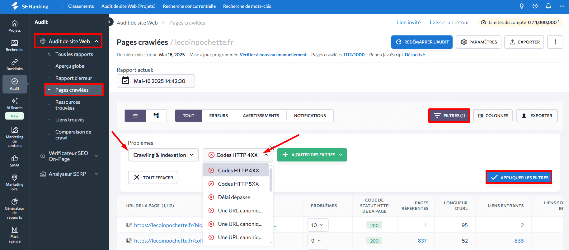 Filtres dans l’outil d’audit de site web