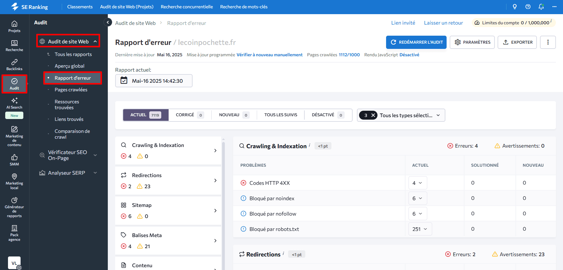 Outil d’audit du site web de SE Ranking