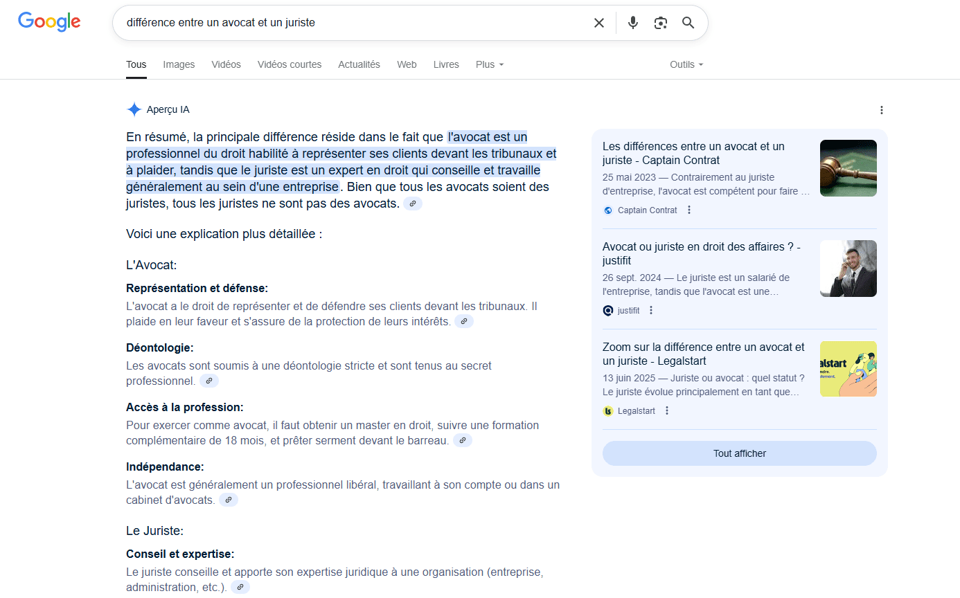 Le SERP de Google avec des Aperçu IA