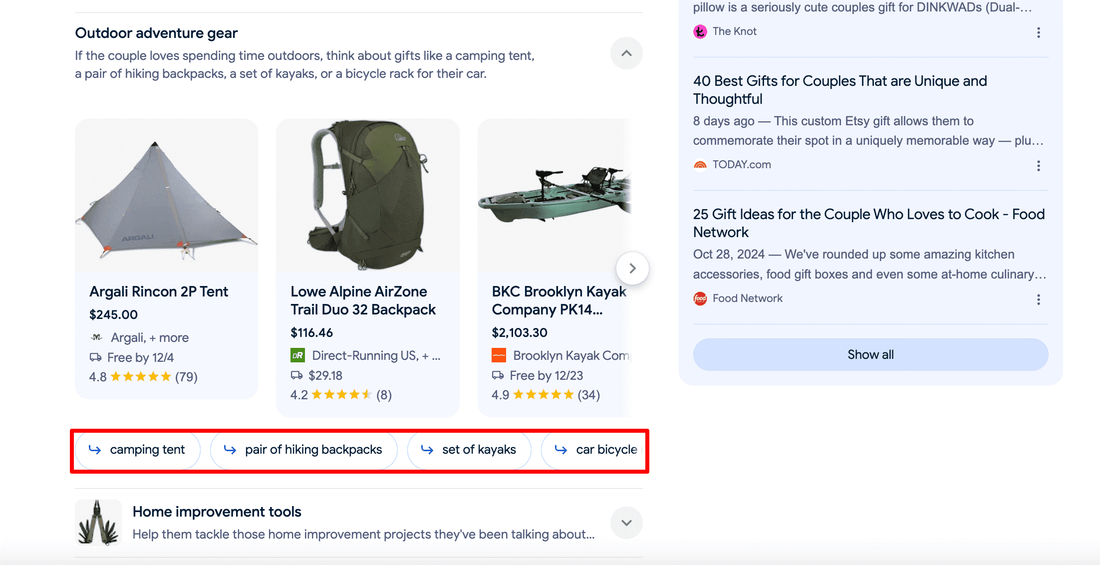 Suggestions de requêtes en dessous du carrousel d’achat