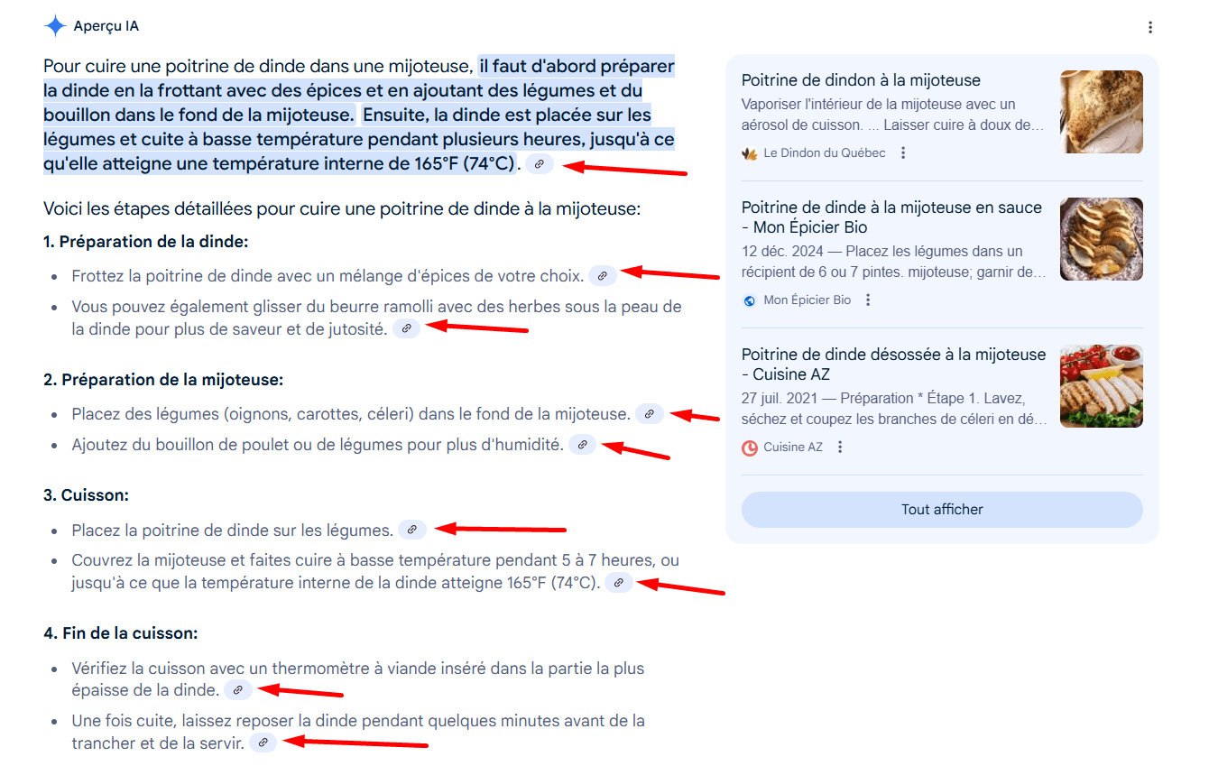 Liens dans les aperçus de l’IA