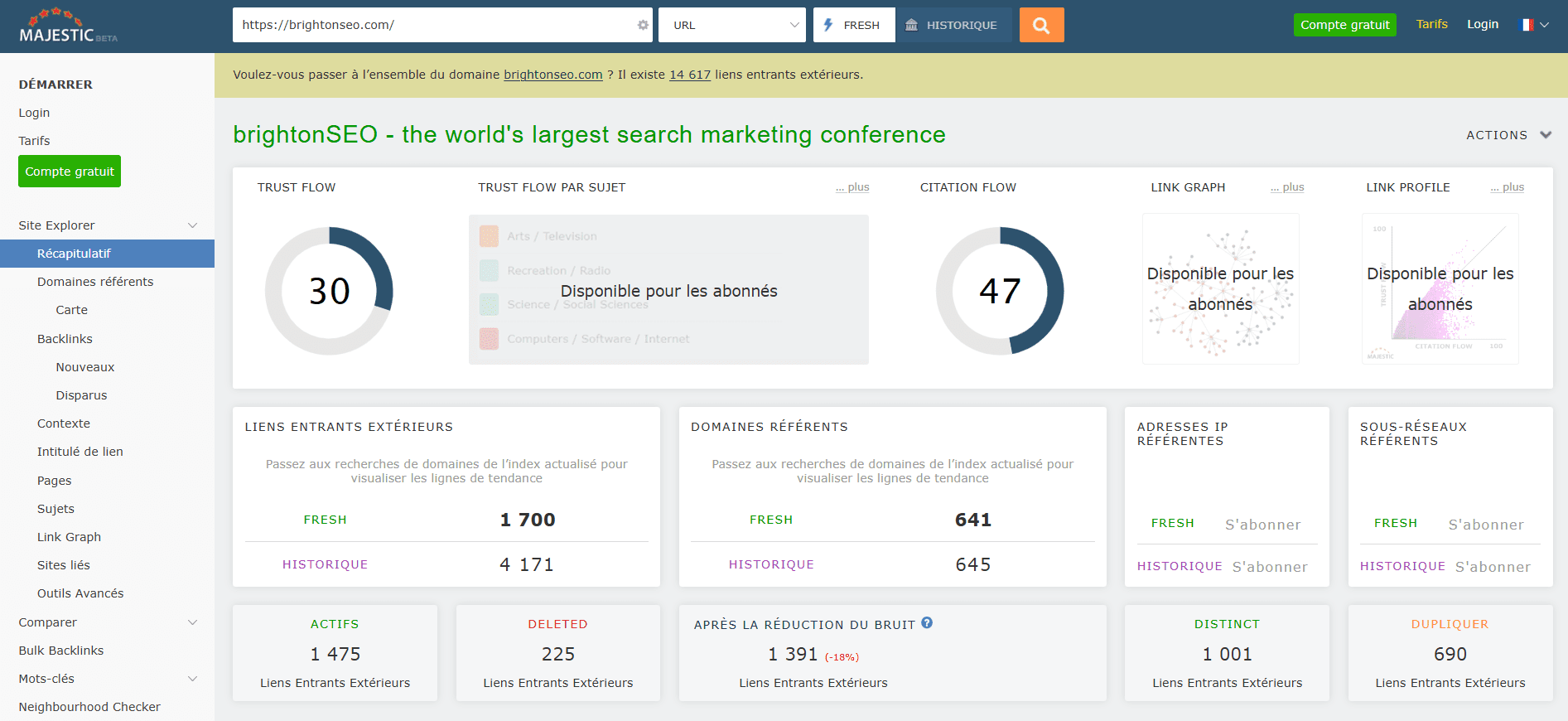 Tableau de bord de Majestic