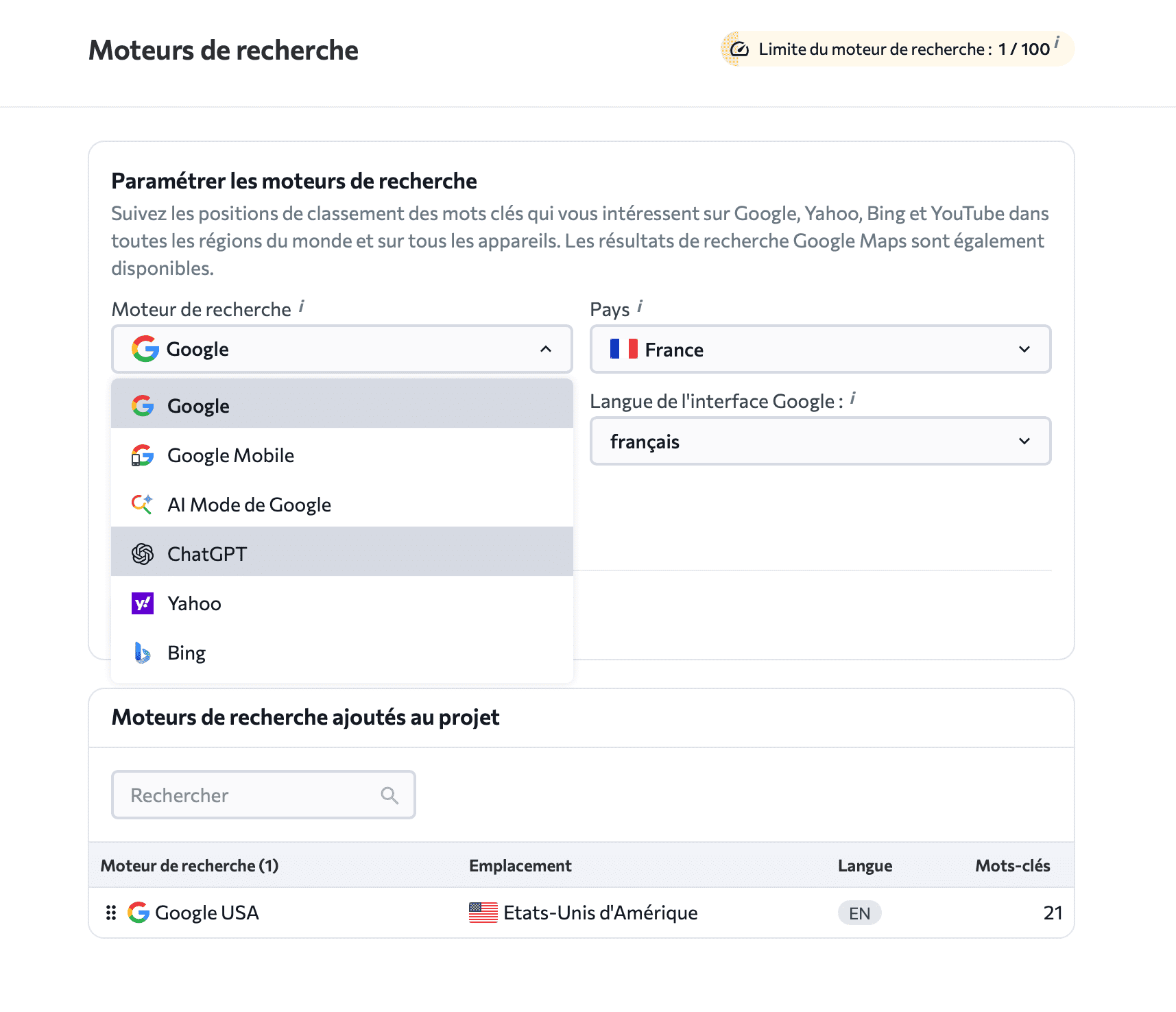 Paramètres SE Ranking