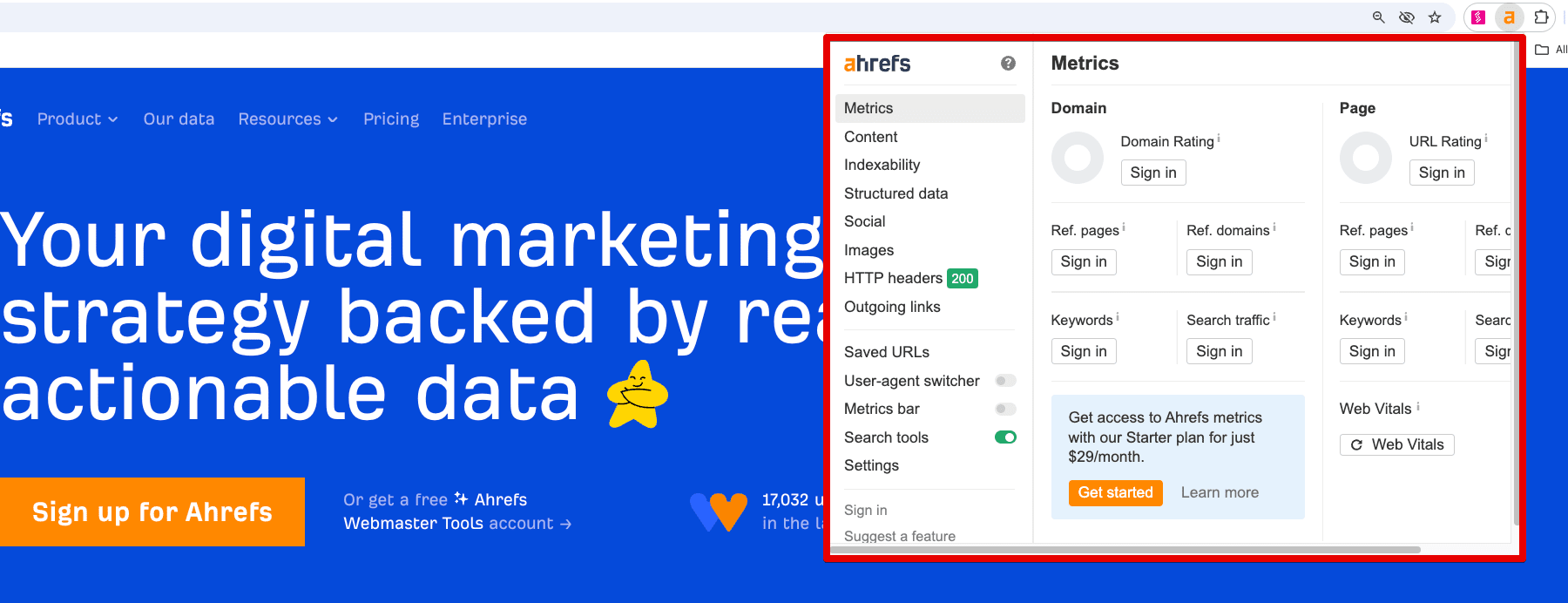 Barre d'outils SEO d'Ahrefs