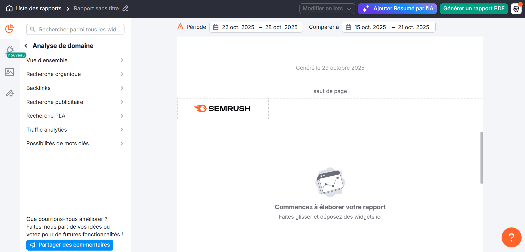 Outils Mes rapports de Semrush