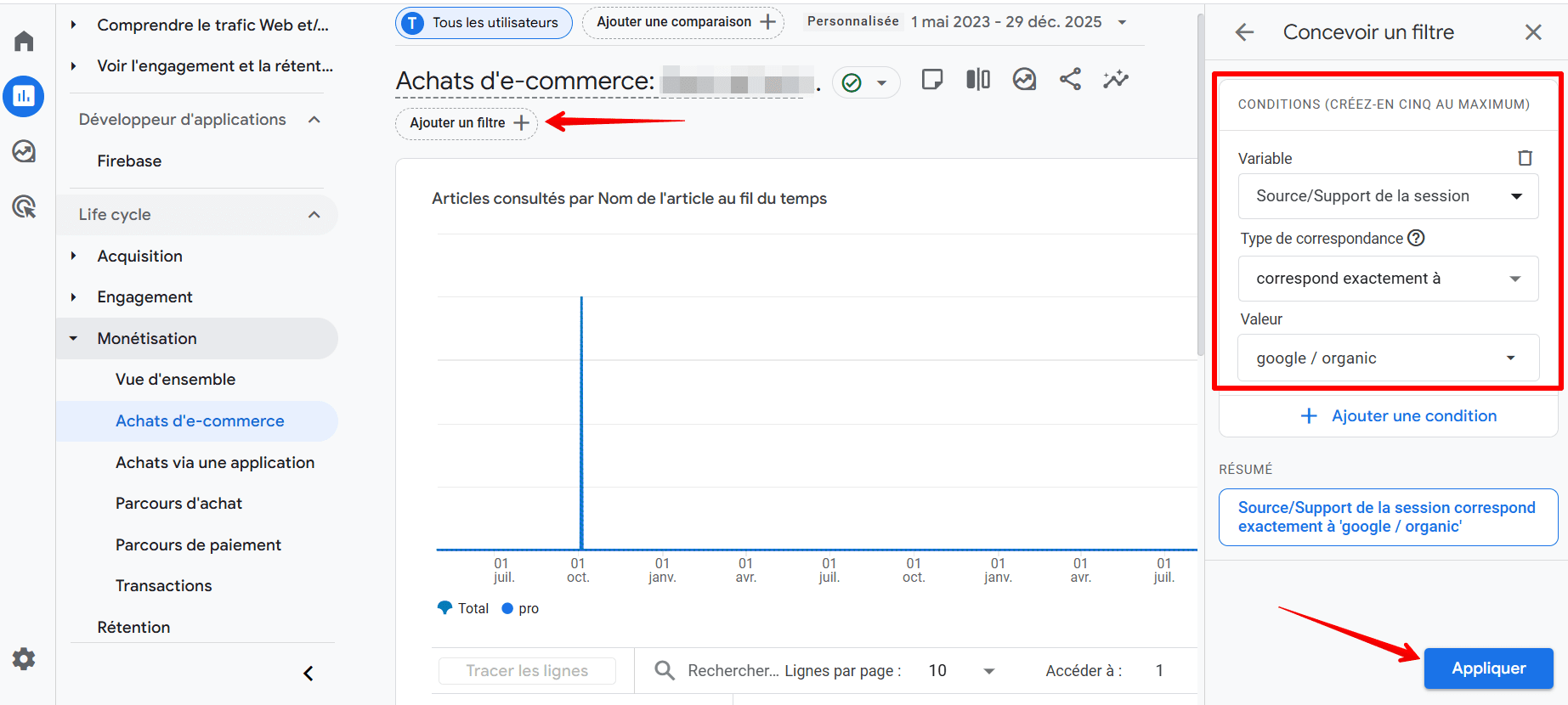 Un filtre pour le trafic organique dans GA4