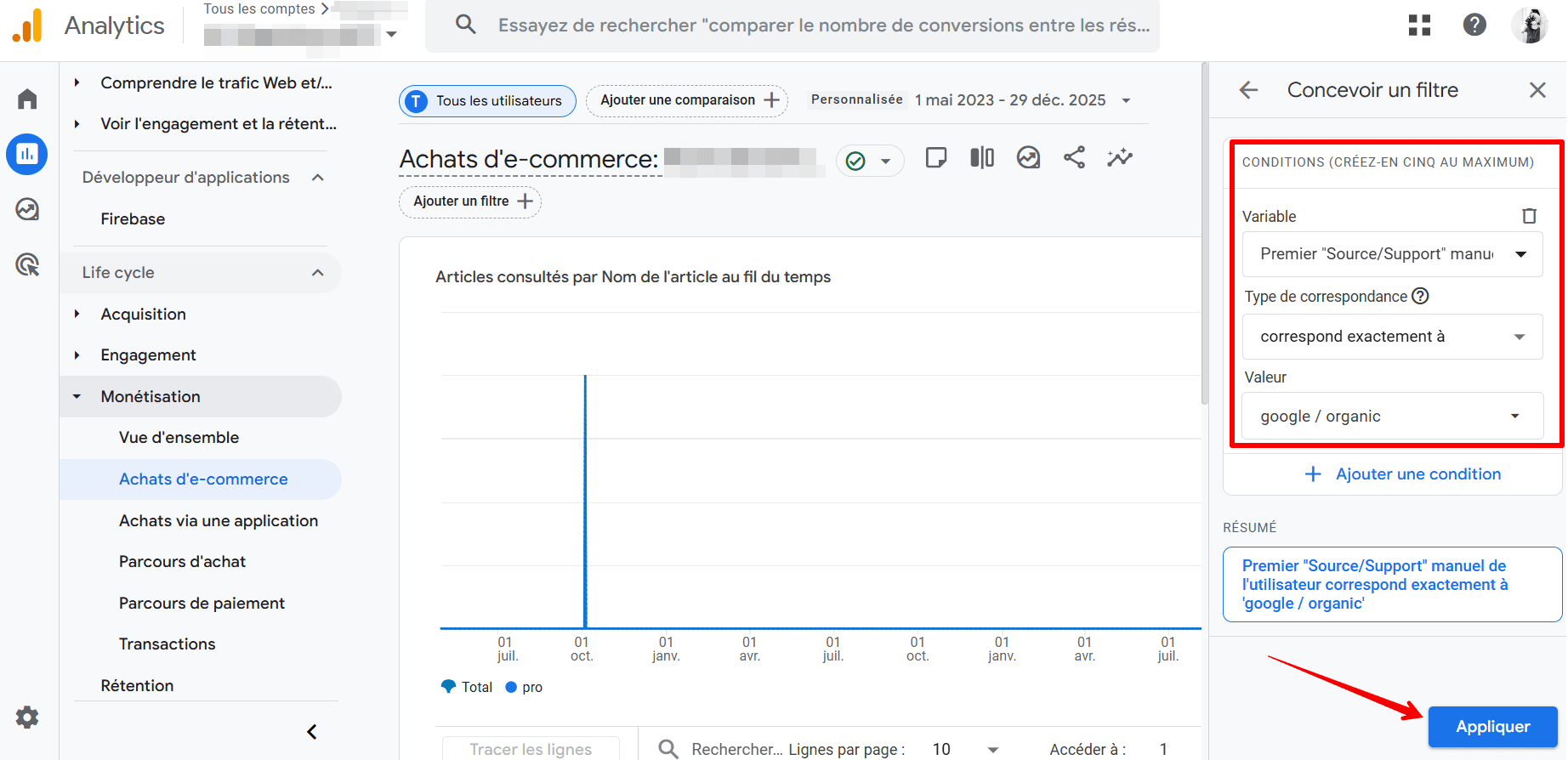 Première source utilisateur / option média et valeur Google / organique dans GA4