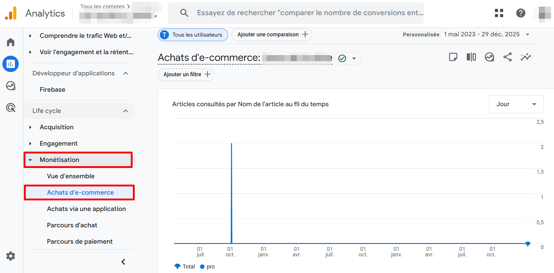 Rapport sur les achats en ligne dans GA4