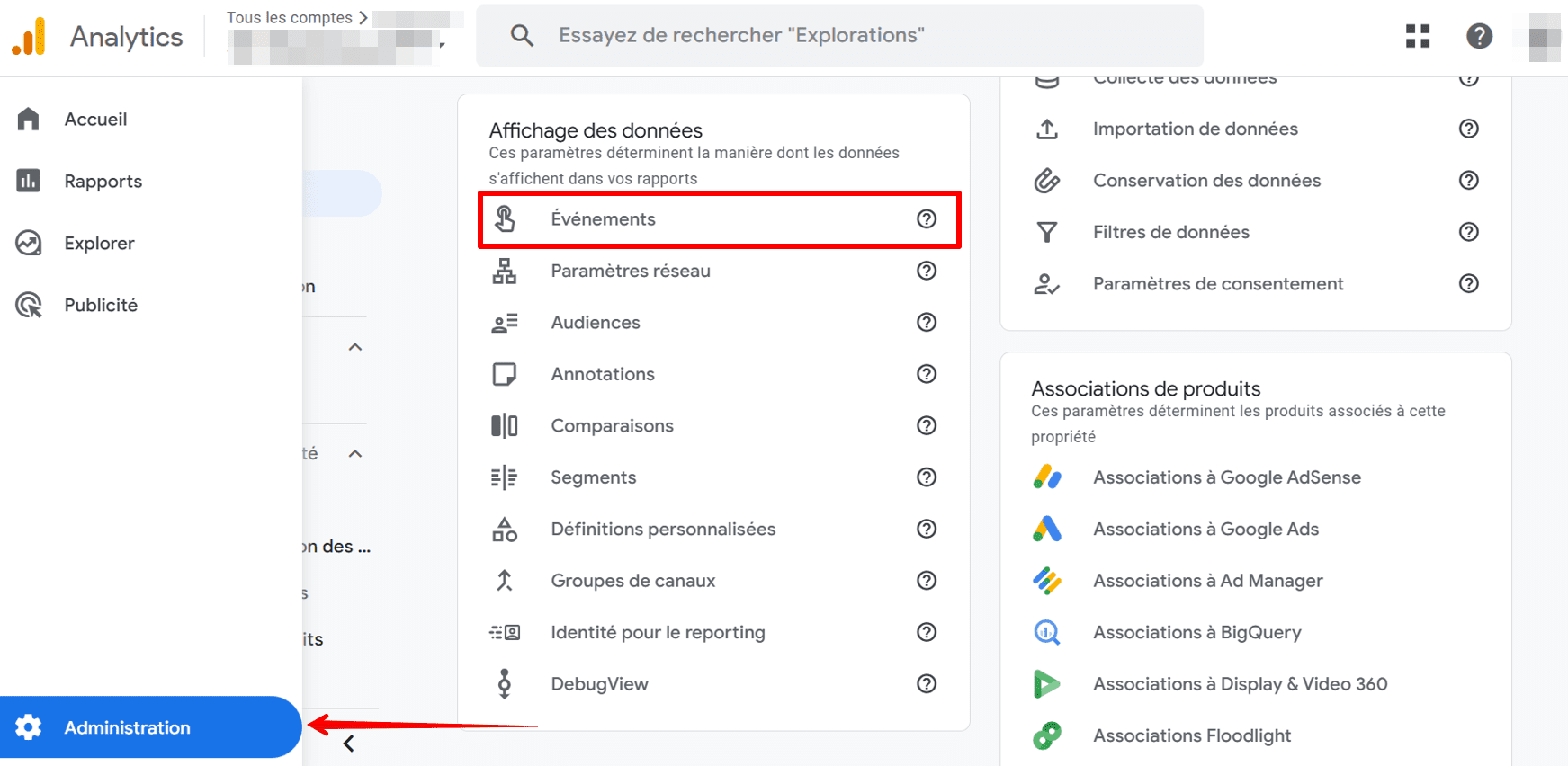 Section Événements dans GA4
