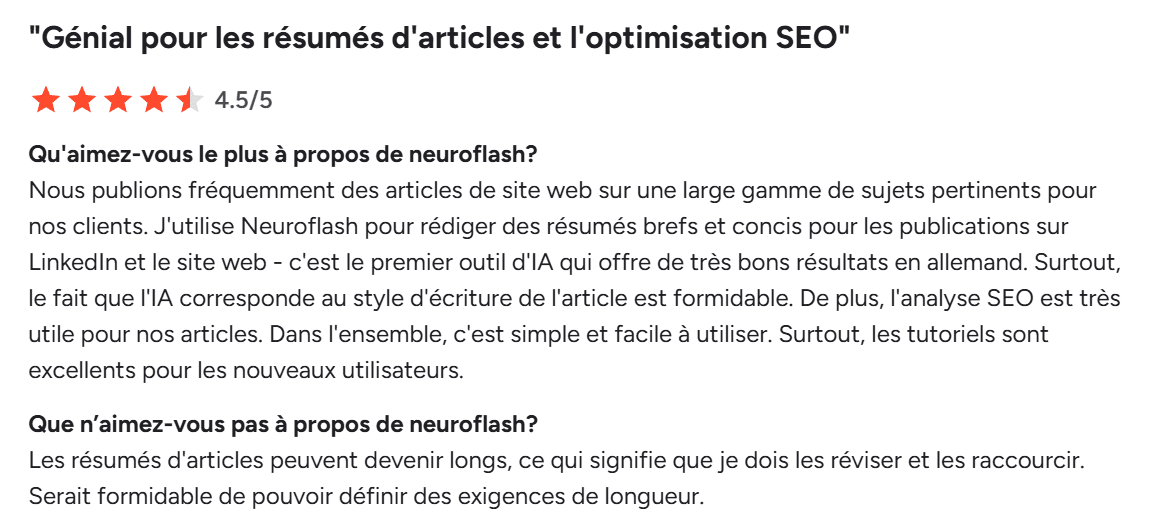 Avis d’utilisateur sur Neuroflash sur G2