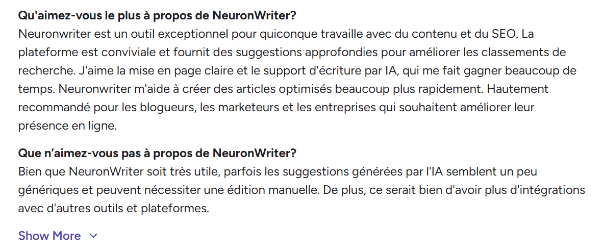 Avis d’utilisateur sur NeuronWriter sur G2