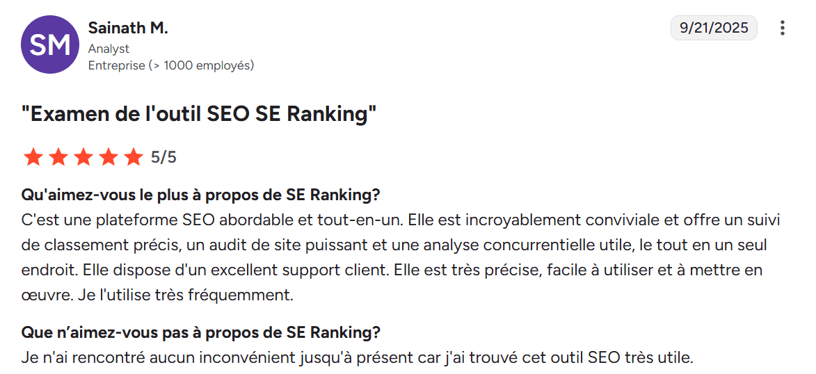 Avis d’utilisateur sur SE Ranking sur G2