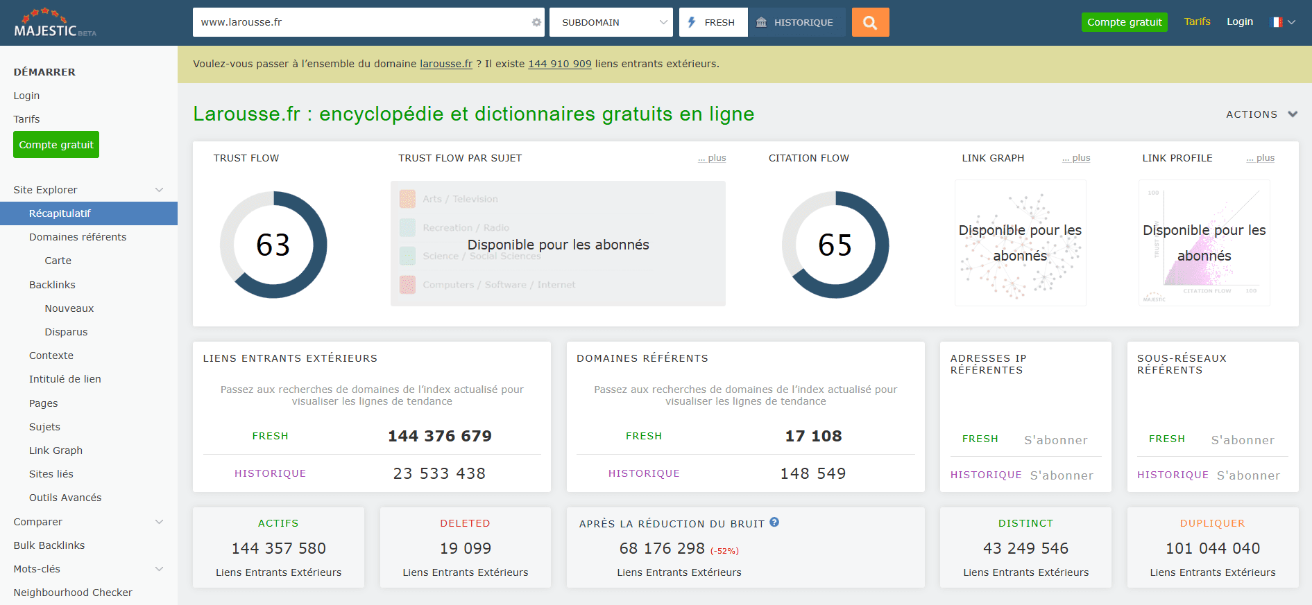 Outil Site Explorer de Majestic