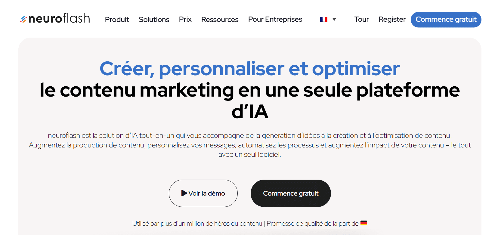 La page d’accueil de Neuroflash