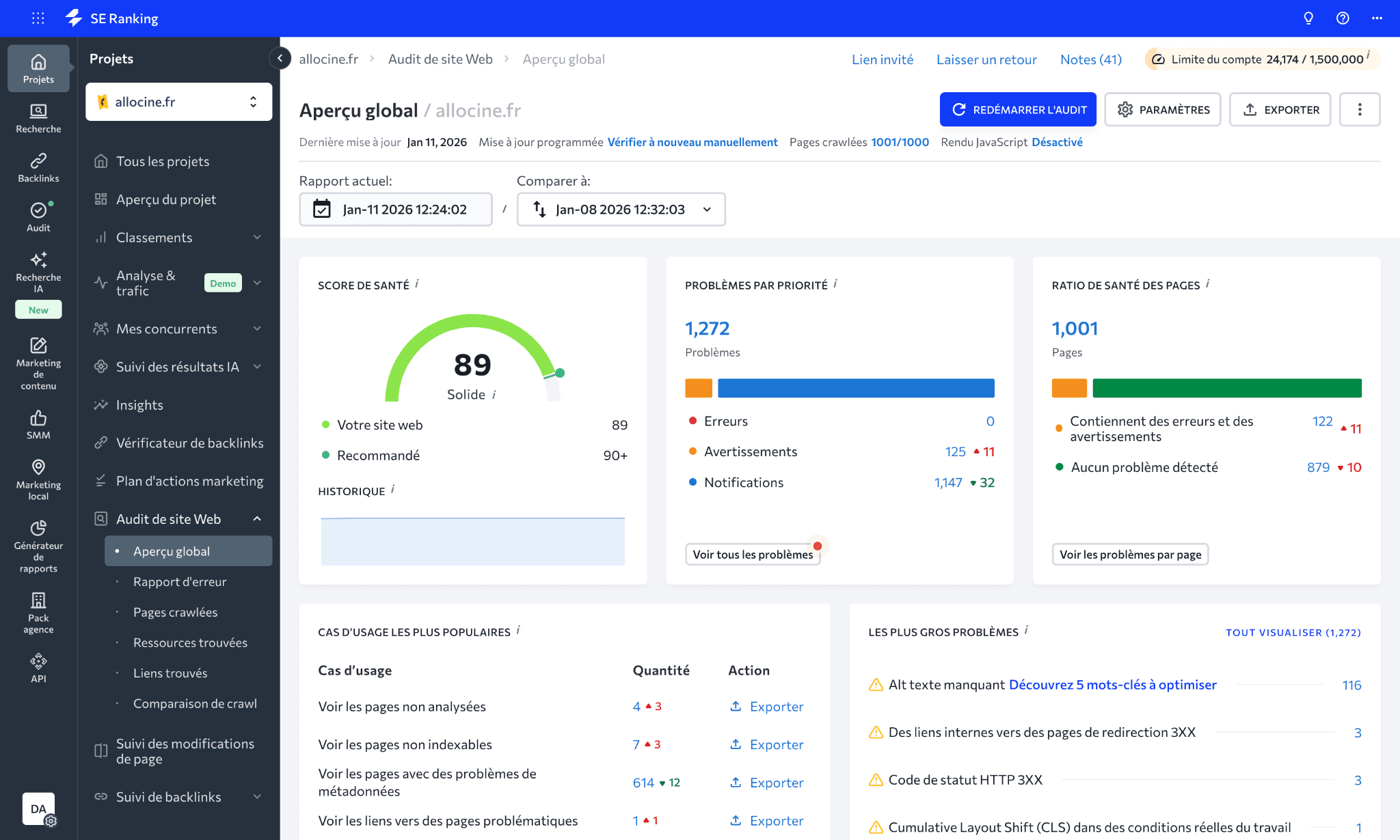 Interface de SE Ranking Interface conviviale de SE Ranking