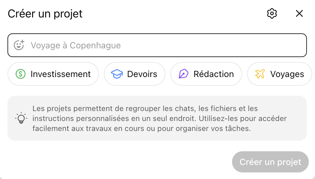 Fonctionnalité des projets dans ChatGPT