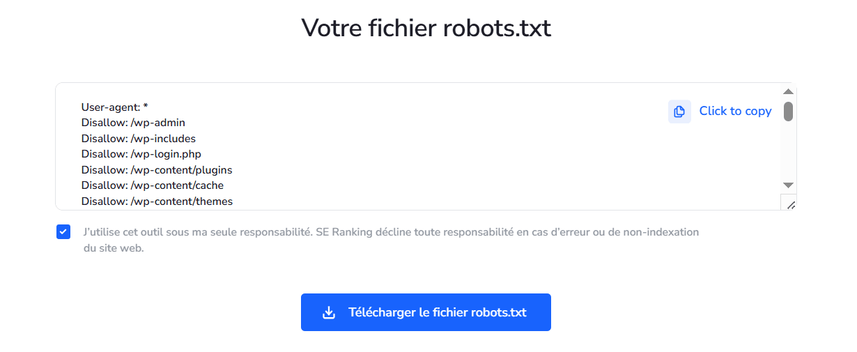 Générateur de fichier robots.txt de SE Ranking SE Ranking génère un fichier robots.txt pour WordPress