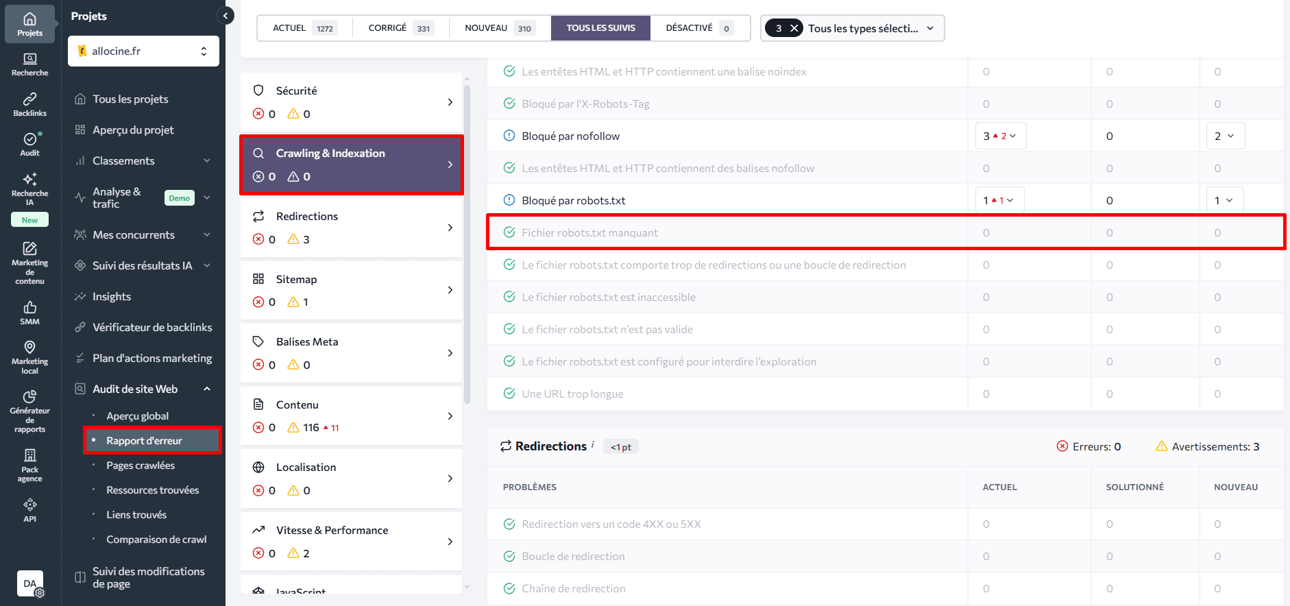 L'audit de site de SE Ranking Rapport d’audit du site de SE Ranking sur les problèmes