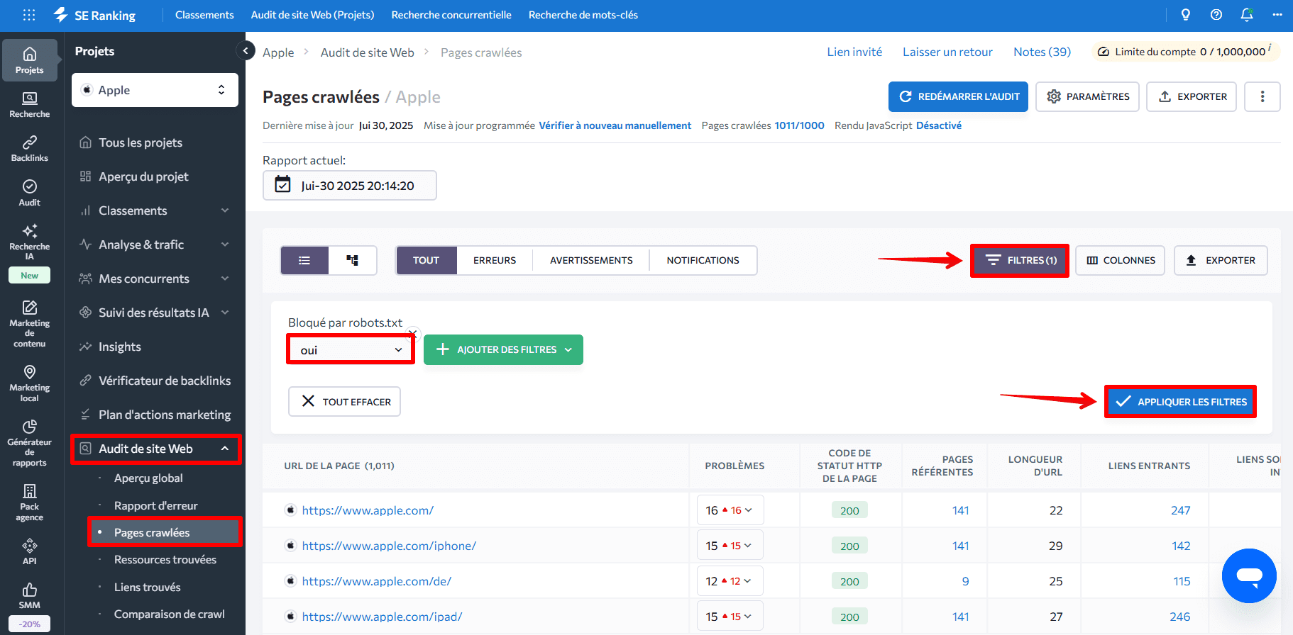 Rapport de pages crawlées dans SE Ranking