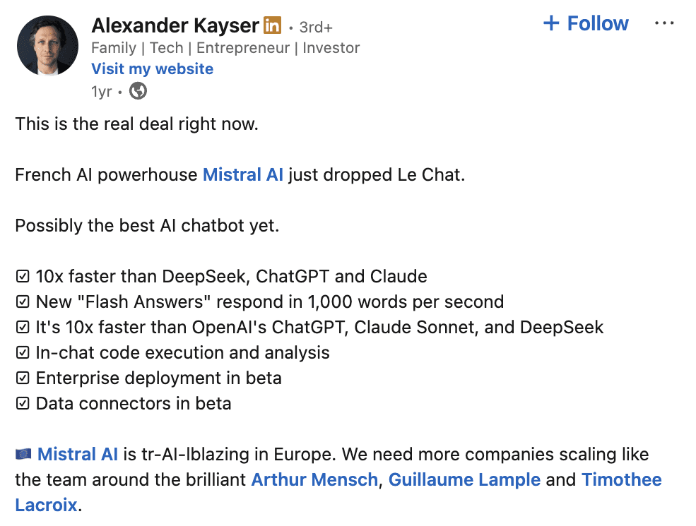 La publication d’Alexandre Kayser sur LinkedIn La publication d’Alexandre Kayser sur LinkedIn