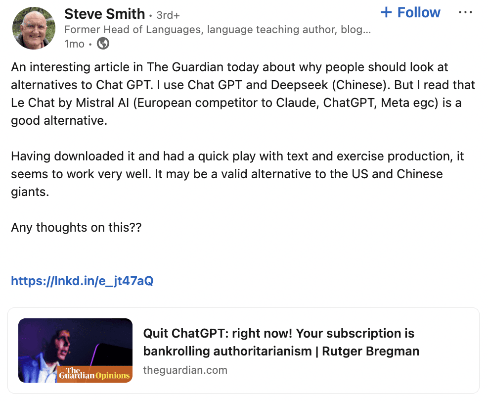 La publication d’Steve Smith sur LinkedIn Publication LinkedIn mettant en avant MistralAI