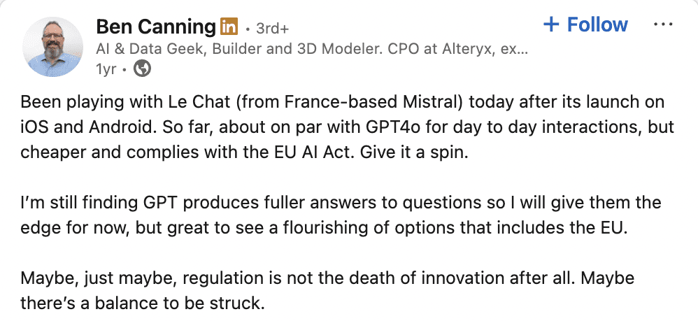 La publication d’Ben Canning sur LinkedIn Publication sur LinkedIn concernant les avantages de Mistral AI