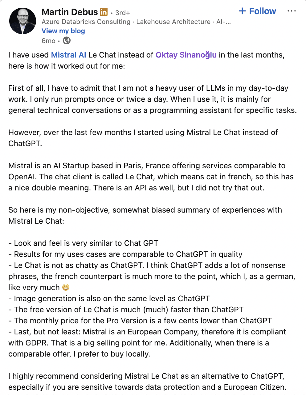 La publication d’Martin Debus sur LinkedIn Recommandation de Le Chat dans LinkedIn