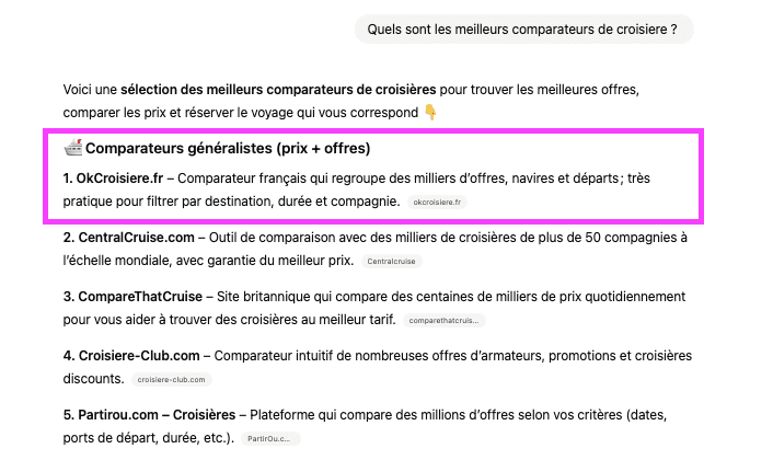 Recommandation d’OKCroisiere dans la réponse de ChatGPT Recommandation d’OKCroisiere dans ChatGPT
