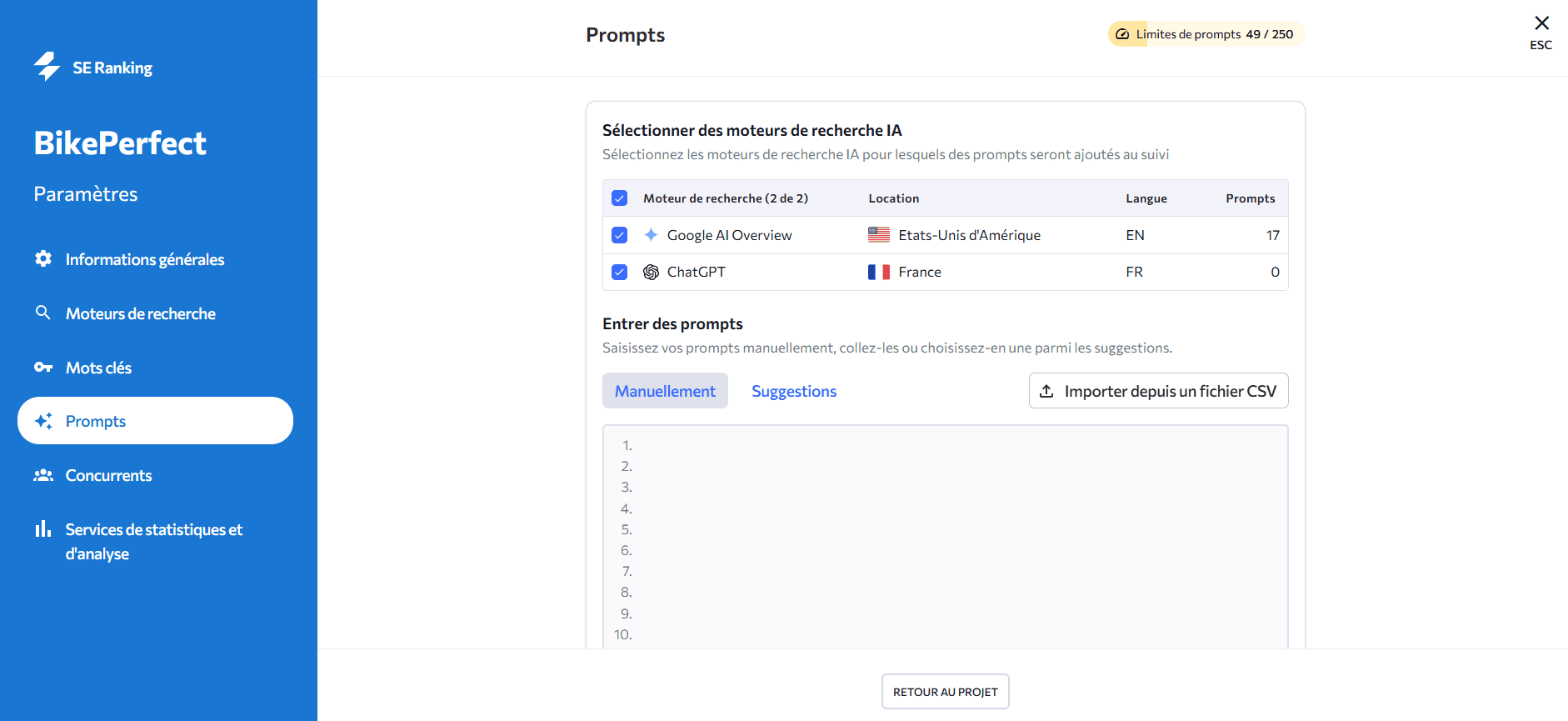 Ajouter des invites pour le suivi dans SE Ranking Ajout d’invites à SE Ranking