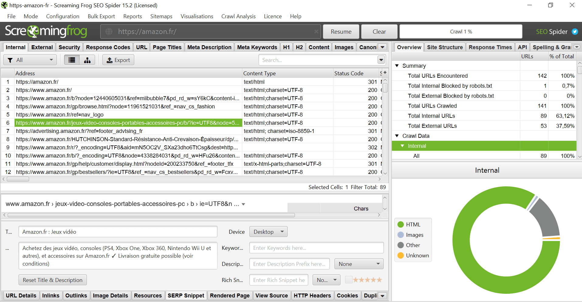 Interface de Screaming Frog (SEO Spider) Interface de Screaming Frog