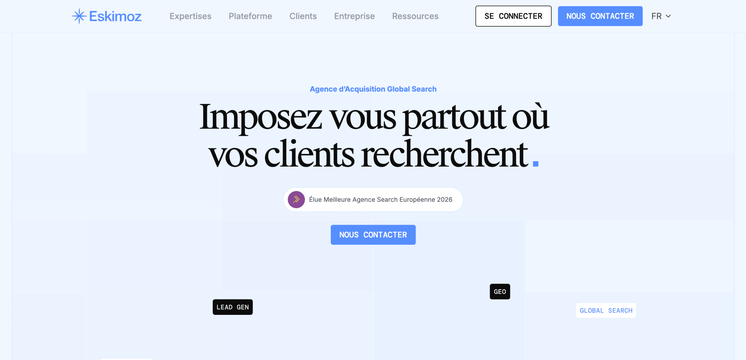 Eskimoz : page d’accueil Page d’accueil d’Eskimoz, agence d’acquisition Global Search spécialisée en SEO et GEO