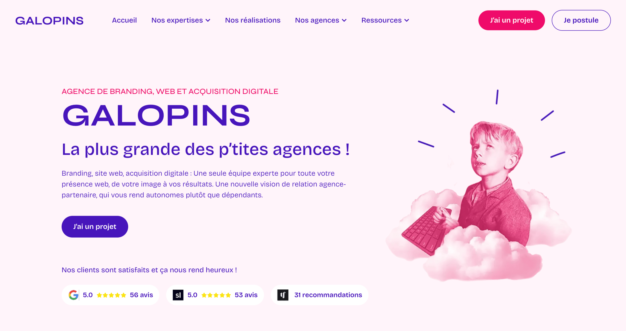 Galopins : page d’accueil Page d’accueil de Galopins, agence de branding, web et acquisition digitale à Nantes et Marseille