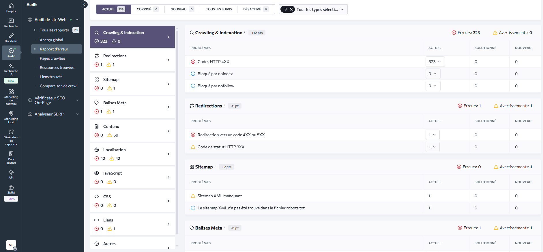 Le rapport d'erreur dans l'outil d'audit de site Web Outil d'audit de site Web