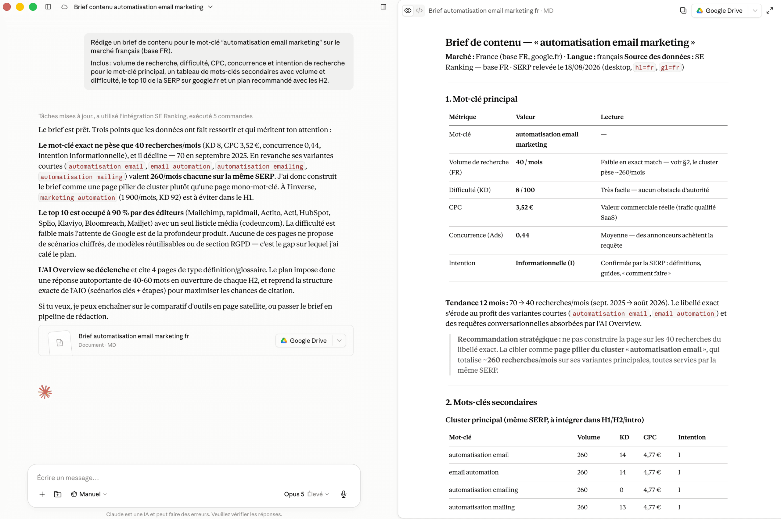 Création d'un brief de contenu avec le MCP SE Ranking dans Claude Cowork Création d'un brief de contenu avec le MCP SE Ranking dans Claude Cowork