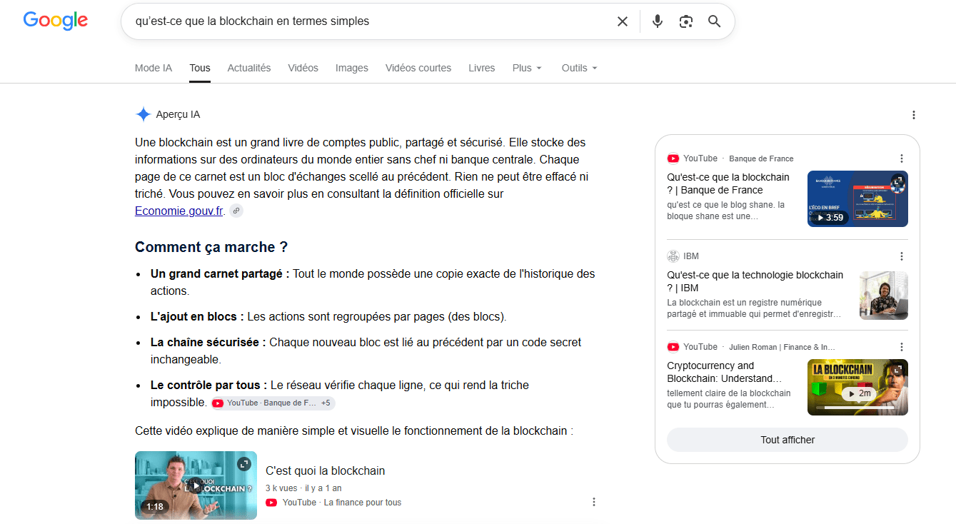 Les aperçus IA dans la SERP Google Exemple d'aperçu IA dans les résultats de recherche