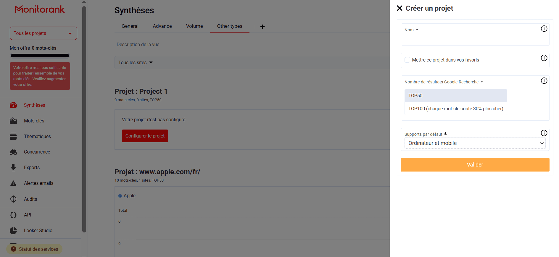 Création de projets dans Monitorank Interface de Monitorank