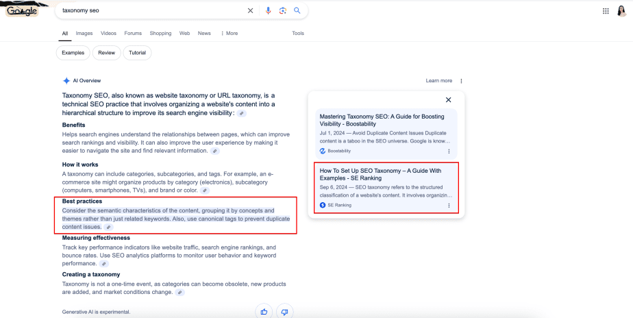 Un aperçu IA cite l'article du blog SE Ranking sur la taxonomie SEO Sources de l'article sur la taxonomie dans un aperçu IA