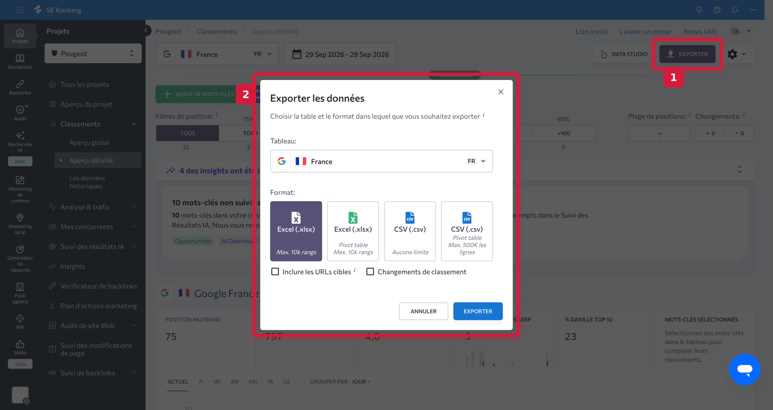 Exporter vos mots-clés depuis SE Ranking Exporter les mots-clés sur lesquels vous êtes positionné