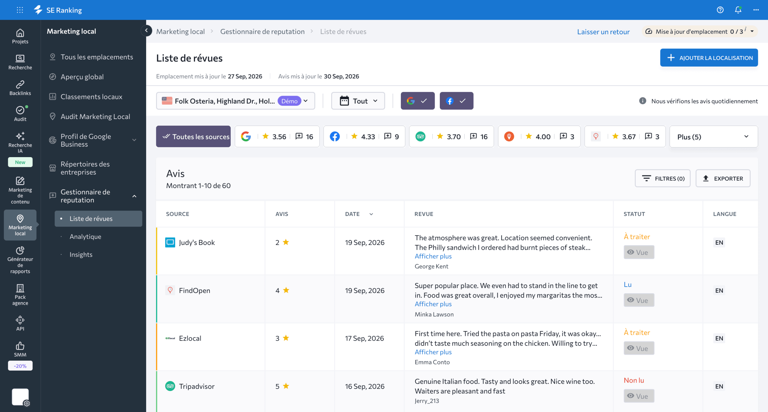 Gestion des avis dans l’outil de SEO local de SE Ranking Gestion des avis dans l’outil de marketing local
